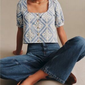 Sezane laurie blouse Light Blue Embroidered Square-Neck Button Front Crop Top